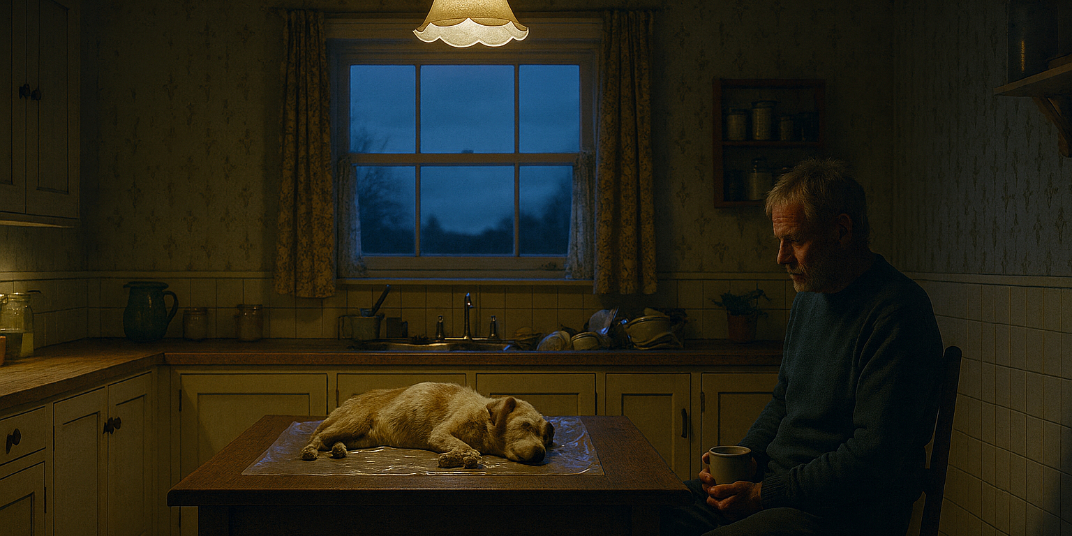 A tired, middle-aged man sits at a kitchen table in a dim, outdated farmhouse kitchen. He holds a mug of coffee loosely over his knees, his head bowed as he looks down at it. His posture is slumped and heavy, suggesting exhaustion, as if he has not slept. His face is lined and drawn, his expression distant and worn. On the table in front of him lies the body of a small Jack Russell terrier, stretched out on a clear plastic sheet. The dog’s fur is pale and still, its presence quiet and solemn at the centre of the room. The kitchen around them is cluttered and unkempt. Old cupboards are stained and worn, dishes are stacked untidily by the sink, and everyday objects are left where they were last used. A single warm light hangs above the table, casting a soft yellow glow, while cold blue light filters through the window behind, hinting at early morning. The contrast between the warm interior light and the dark, blue outside emphasises the sense of quiet grief and isolation filling the room.