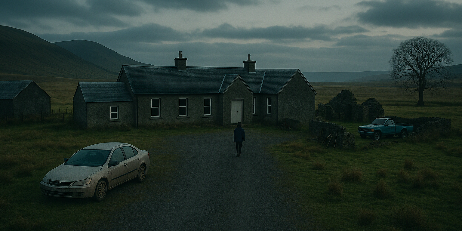 Wide exterior shot at blue hour. A solitary rural farmhouse sits low in the Scottish landscape, surrounded by open fields and distant hills under a heavy, clouded sky. A gravel drive curves toward the house. Two cars are parked apart: an older silver saloon in the foreground and a blue pickup truck to the right near a stone wall. At the centre of the frame, Skye walks alone toward the farmhouse with her back to camera, small against the vast, muted landscape. The light is dim and cool, suggesting the early hours of morning, with a quiet, somber atmosphere that emphasises isolation and return.