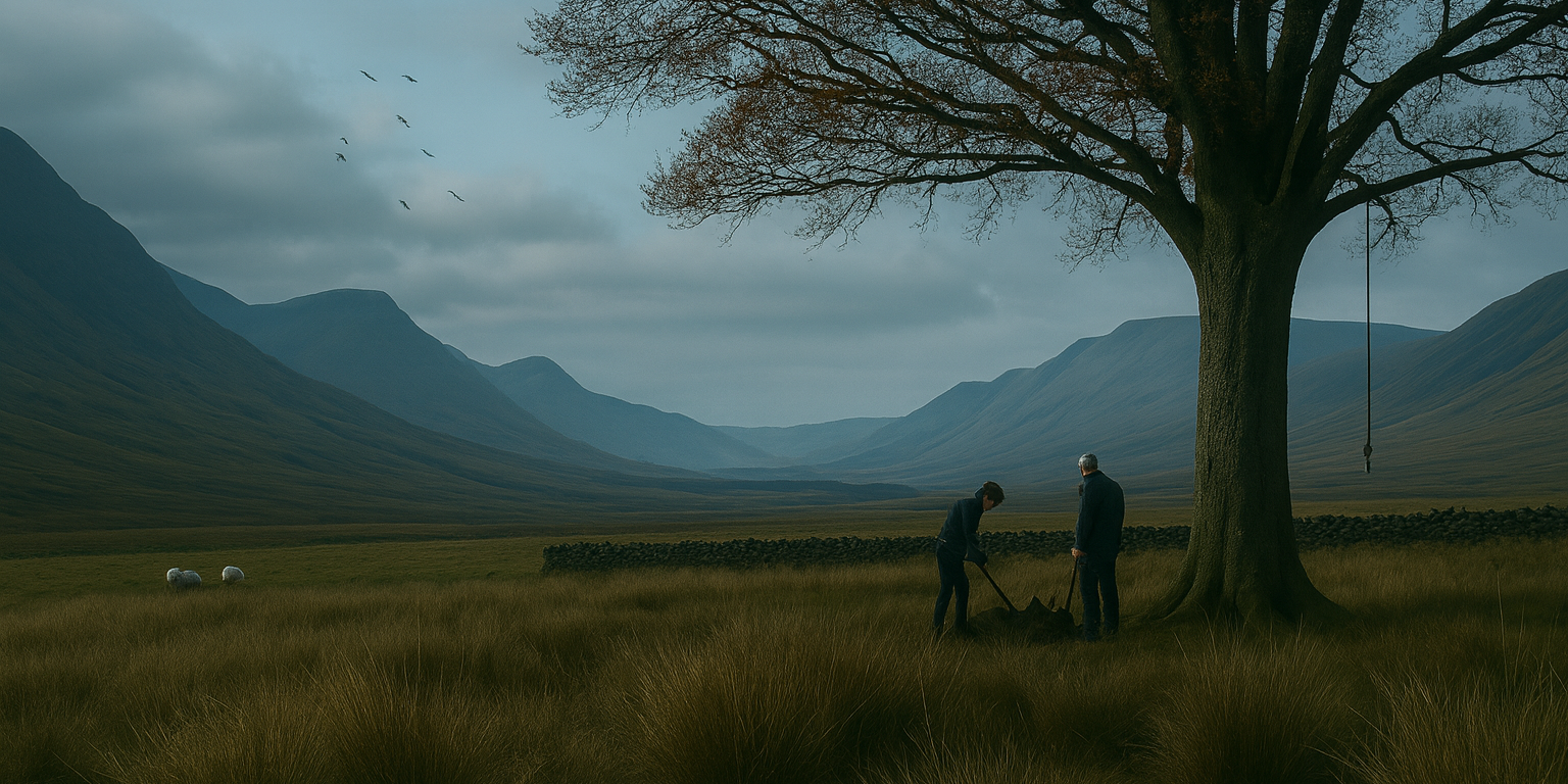 Skye and Fergus stand together in a wide, open field beneath a large, leaf-bare tree. Tall grass surrounds them, moving softly across the landscape. Between them, a small grave has been dug into the earth. Skye bends forward, gripping a shovel, while Fergus stands nearby, watching, his posture heavy and reserved. Their focus is on the ground between them, shared and silent. A rope swing hangs unused from one of the tree’s branches, slightly off to the side. Beyond them, low stone walls cut across the land, and the valley stretches out into distant hills and mountains under a pale, clouded sky. A small group of birds flies overhead, scattered against the blue-grey light. The figures appear small against the vastness of the landscape, emphasising the weight of the moment. The scene feels quiet and exposed, shaped by grief, distance, and the slow, physical act of burying their dog together.