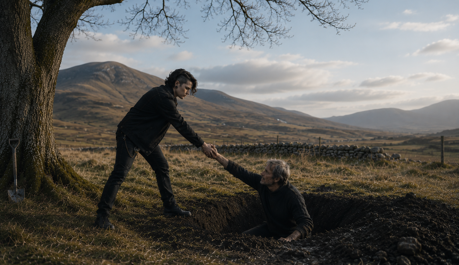 A cinematic image set in the Scottish Highlands. Under a large bare tree, a young woman dressed in black reaches down to help an older man climb out of a freshly dug small grave. A shovel leans against the tree beside them. Behind them, rolling hills, muted autumn grass and a distant stone wall stretch across the landscape beneath a soft blue-grey sky.