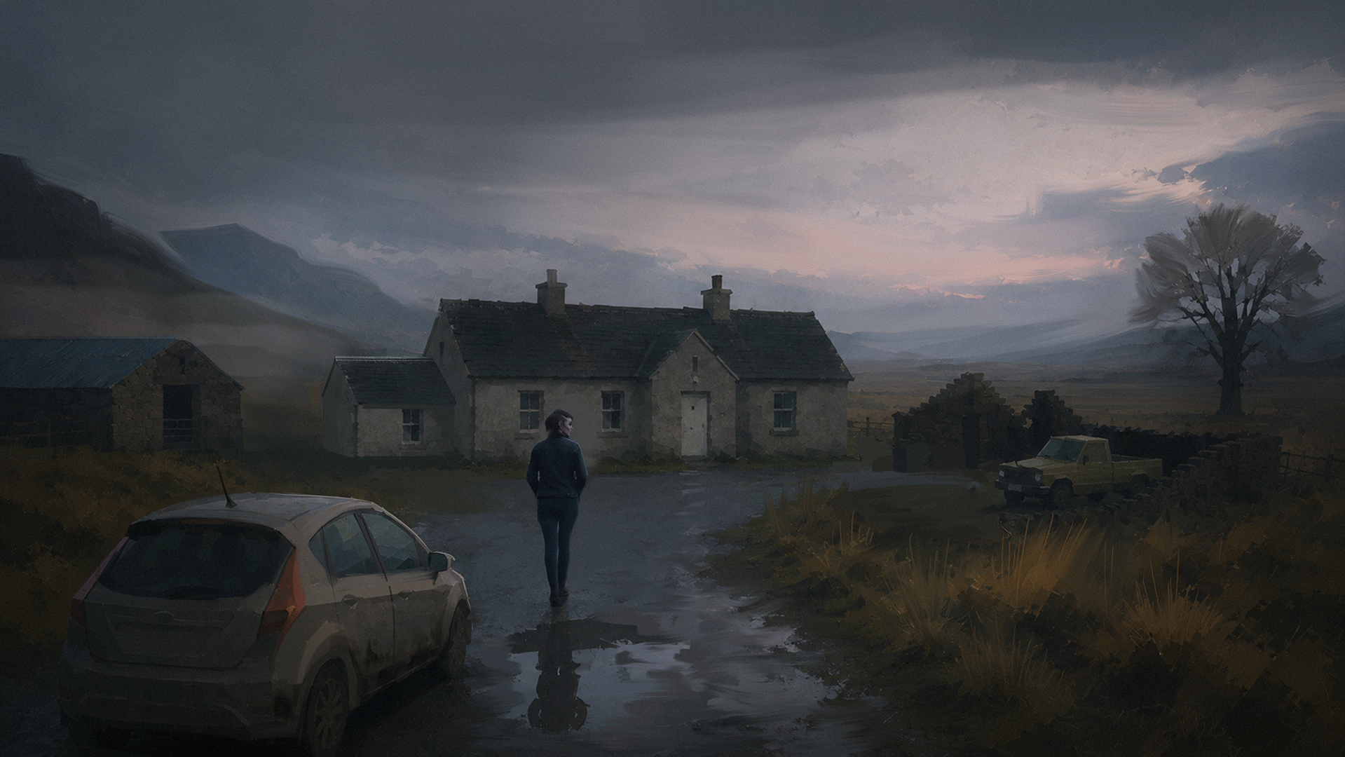 A lone figure, Skye, walks away from a silver hatchback across a rain-soaked farmyard toward a small farmhouse at dawn. A puddle in the foreground mirrors the overcast blue-grey sky and reflects her silhouette, creating the impression that she is being pulled backward even as she moves forward. Stone barns, a weathered pickup truck, and a solitary leafless tree sit against the expansive Scottish hills, reinforcing the landscape’s isolation and quiet tension.